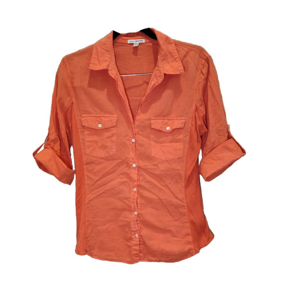 James Perse Orange Women's Button Down Side Panel Slub Shirt Size 4 - Picture 1 of 7